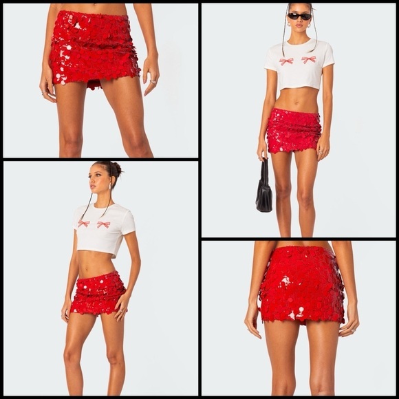 Edikted Dresses & Skirts - Editkted Sabina Low-Rise Sequin Red Coquette Sexy Mini Whimsical Skirt  Size L